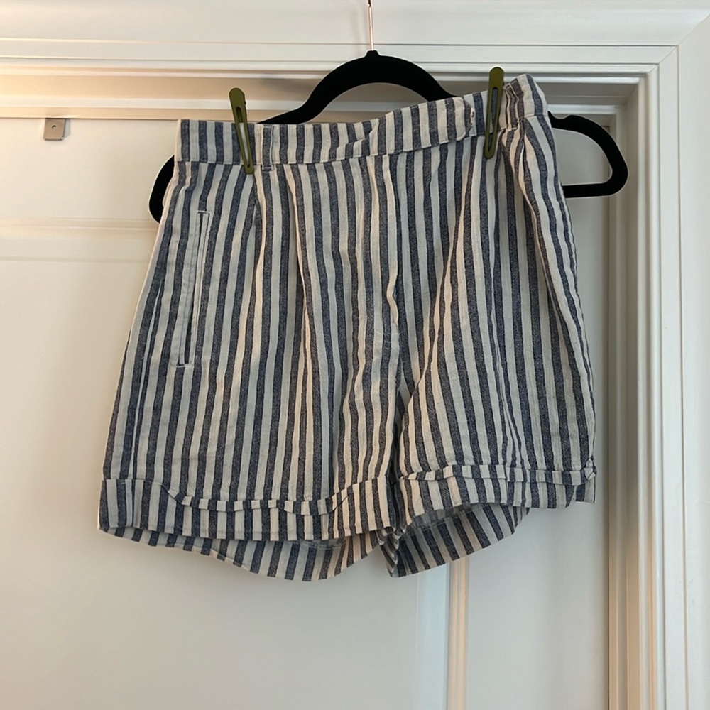 Mango blue and white stripe linen blend shorts
